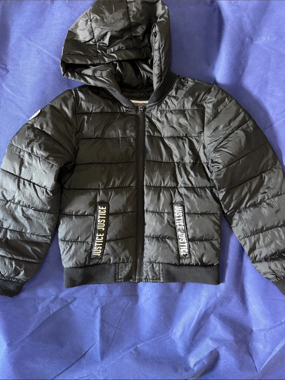 Justice Black Quilted Hooded Zip Jacket with Logo Pocket Trim